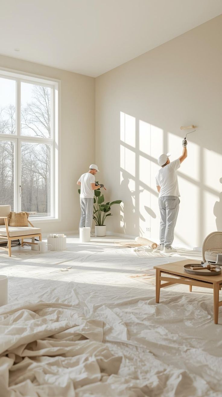 Peinture intérieure : peintres dans un salon lumineux